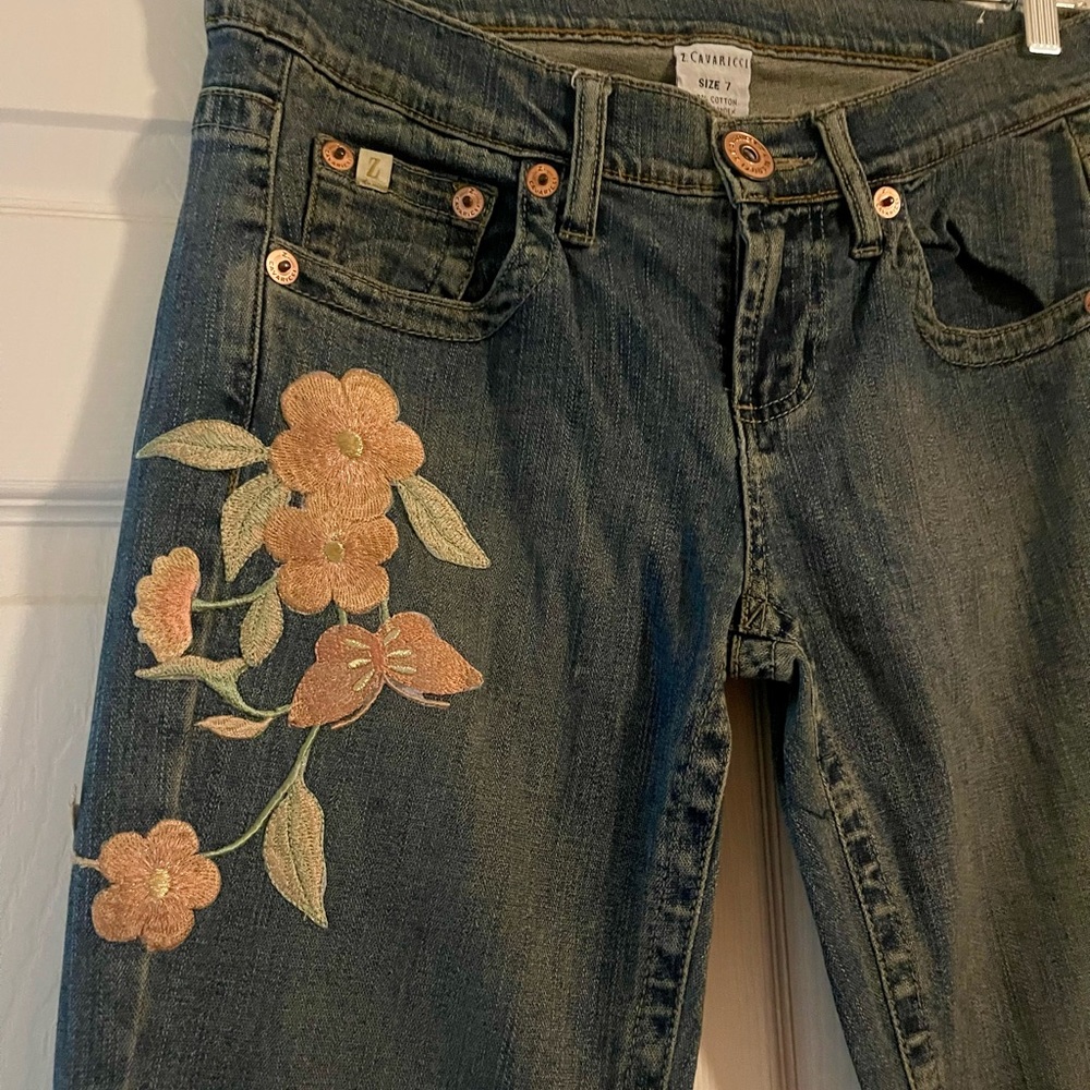 Z Cavaricci Jeans with Peach, Green and Silver Floral Appliqués- Size 7